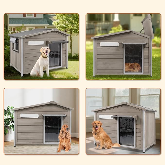 PetsCosset 40.2" L Large Dog House Outdoor & Indoor,Fir Wood Dog Kennel with Weatherproof Openable Asphalt Roof,Spacious Doghouse with Anti-Chewing Metal Edges for Small & Medium & Large Dogs,Grey