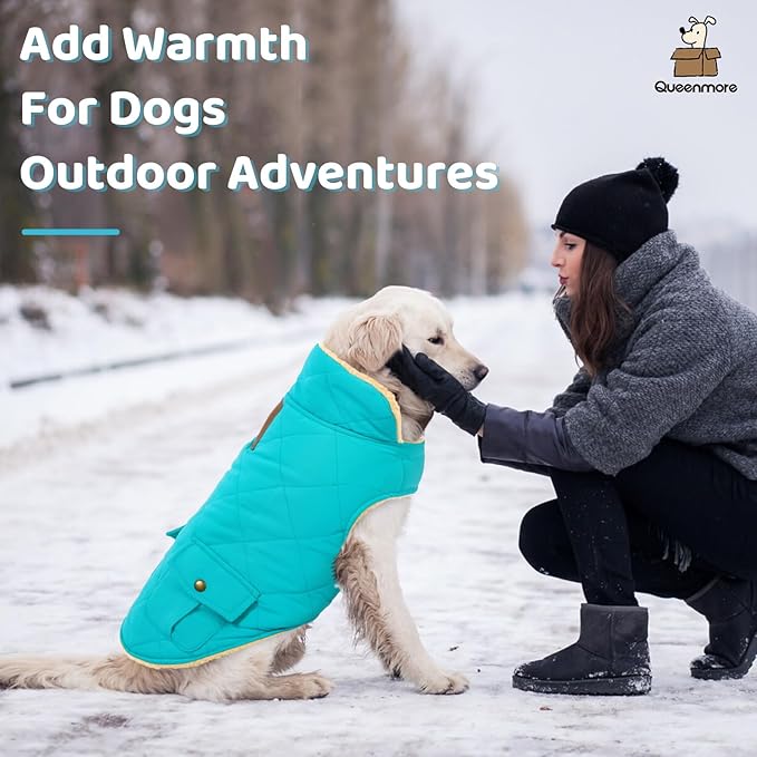 Queenmore Warm Dog Coat, Cold Weather Puffer Dog Coat Vest, Quilting Winter Pet Jacket Ultra Thick Plush Fleece Lining Pet Clothes for Dogs with Storage Pockets (Light Blue, Small)