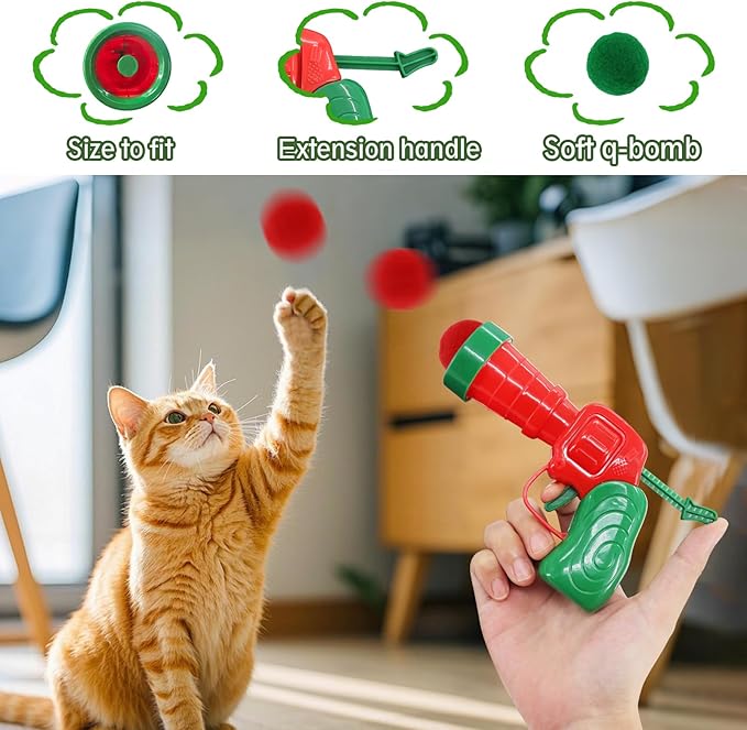 Andiker Cat Toy Balls Set, 30pcs Plush Cat Pom Pom Balls and a Plastic Launcher Set for Kitten Catch&Fetch Interactive Cat Toy with Colorful and Soft Cat Ball for Indoor Cats to Keep Fit (Green 30pcs)