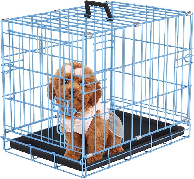 PayLessHere 18 Inch Dog Crate Kennel for Small Dogs Metal Cage Single-Door Folding Travel Indoor Outdoor Puppy Playpen with Divider and Handle Plastic Tray,Blue