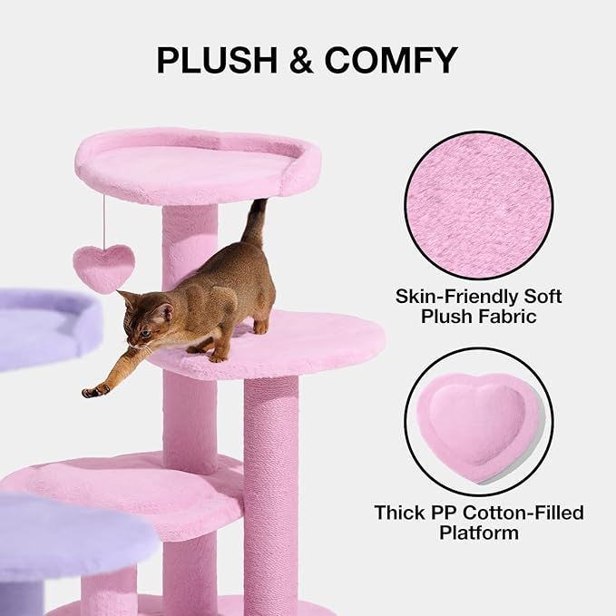 VETRESKA 40 inches Cat Tree for Indoor Cats, Multi Level Cat Tower with Cat Scratching Post, Cute Cat Climbing Tree with Dangling Toy for Cats, Pink