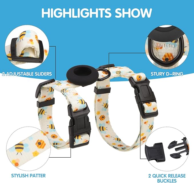 BINGPET Cat Harness and Leash Set Escape Proof for Walking,Adjustable Kitten Harness with Airtag Holder for Small Medium Large Cats (Cute Bee Print,Neck:8"-12",Chest:12.5"-18")