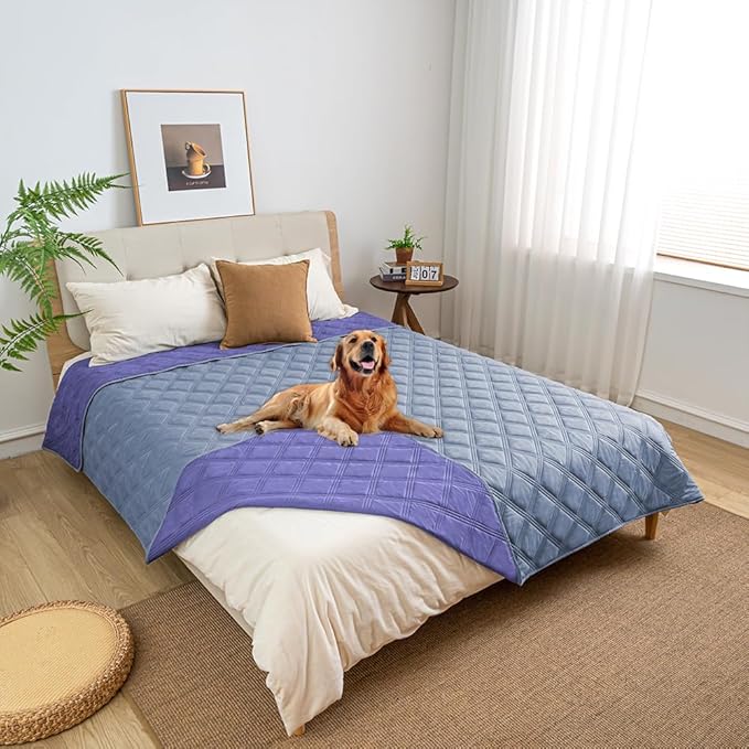 fuguitex Waterproof Dog Blanket Reversible for Small Dogs Resistant Leakproof Washable Couch Cushion Bed Protector Cover for Indoor Furniture Pet Friendly(82"*82",Violet Blue+ Light Blue)