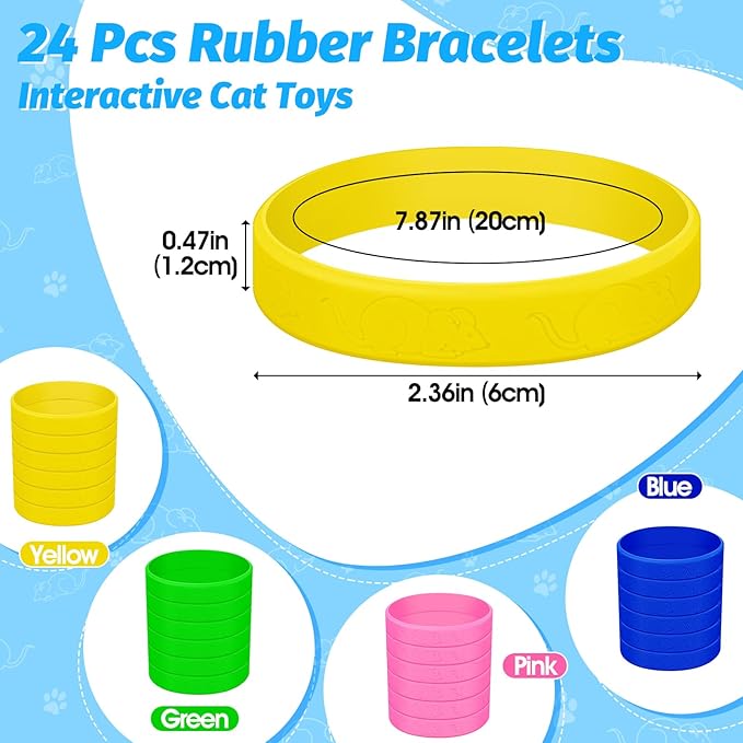 Cat Toys 24 PCS, Rubber Cat Chew Toy, Interactive Cat Toys to Kill Time, Colorful Bracelets Bands for Cat