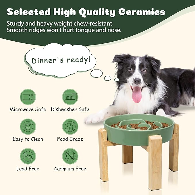Elevated Slow Feeder Dog Bowl - Puzzle Maze Dish with Bamboo Stand - Raised Ceramic Food Bowl for Medium and Large Dogs - Green - 8.8 inch