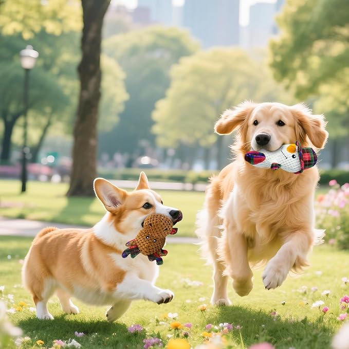 Dog Toys Squeaky Interactive Stuffed PP Cotton Puppy Teething 2-Pack Chew Toy Deer Shape Crinkle Sound Paper Tail, for Large Medium Small Breeds Indoor Outdoor Play