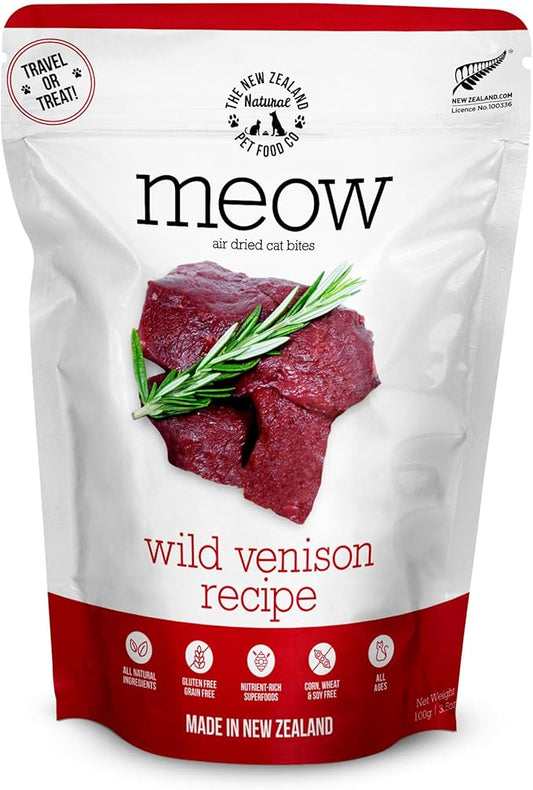 The New Zealand Natural Pet Food Co Meow Air Dried Cat Food - Venison Recipe, High Protein Dry Food, Use as a Complete Diet, Topper, Mixer, or as Cat Training Treats, All Life Stages,3.5 oz