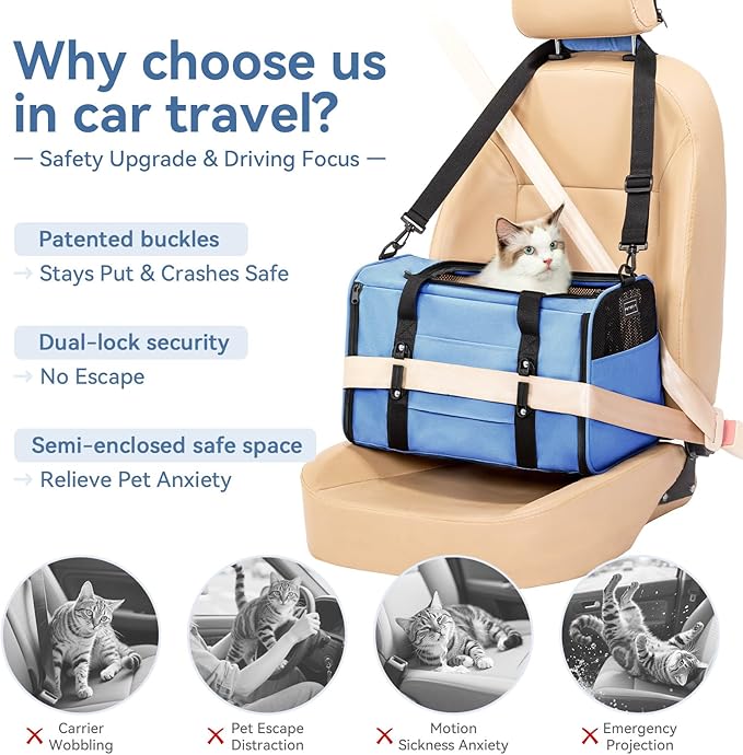 PETSFIT Cat Car Carrier for Medium Cats Dogs, 19"x12"x12" Small Dog Carrier, with Patent Safety Buckles and Escape-Proof Zipper - Safeguarding Car Travel, Vet Visit, Outdoor