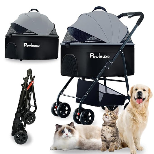 4 Wheels Pet Stroller 4 in 1 Pet Stroller with Detachable Carrier for Small & Medium Dogs Cats up to 55 lbs Easy-Folding Travel Dog Wagon with Car Seat Breathable Mesh,Gray