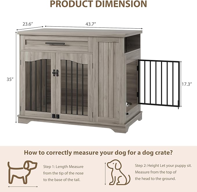 Furniture Style Dog Crate for Large Dogs, 44 Inch Heavy Duty Wooden Dog Kennel Furniture with Drawer & Side Storage and Bulit-in Feeding Station,Grey