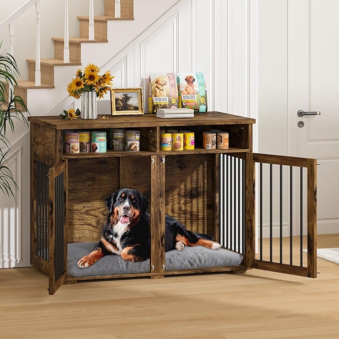 Furniture Dog Crate for Two Dogs, 41 Inch Furniture Style Dog Kennel with Removable Divider and Thickened Desktop, Heavy-Duty Base for Small to Medium Dogs, Rustic Brown