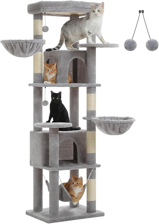 71.2 Inches Tall Cat Tree for Large Cats, Multi-Level Cat Tower with 2 Cozy Condos, Super Large Top Perch, 3 Hammocks, Sisal Scratching Posts and 2 Pompoms, Grey