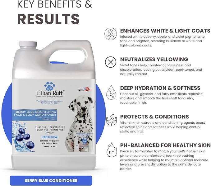 Lillian Ruff PRO Formula Berry Blue Brightening Dog Conditioner - Professional Whitening Conditioner, Hydrate Dry Skin, Soften, Detangle, Restore Shine - Provitamin B5, USA Made 128oz