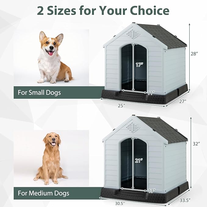 Giantex Dog House for Small Dogs, Waterproof Plastic Dog Houses with Air Vents and Elevated Floor, Easy to Assemble, Outdoor Cat Feeding Station Indoor Patio Backyard Dog Kennel House, Gray