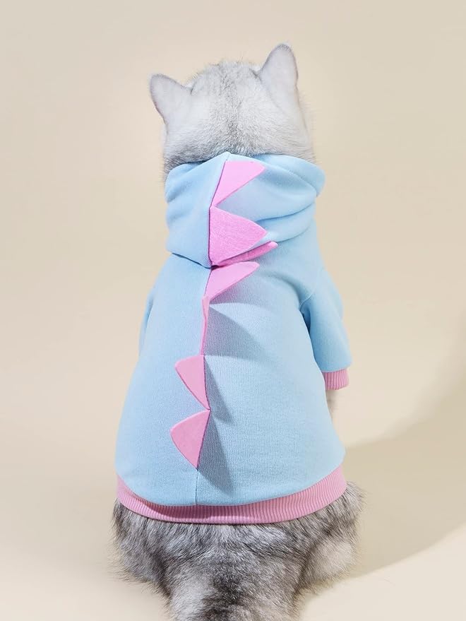 QWINEE Dinosaur Dog Hoodie - Warm Jacket for Puppy, Kitten, Small, Medium Dogs & Cats - Baby Blue, X-Small - QWN01-418553566-XS