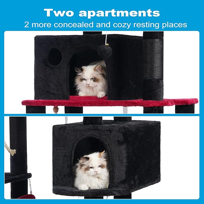 Hey-brother Gothic Large Multi-Level Cat Tree Condo Furniture with Sisal-Covered Scratching Posts, 2 Bigger Plush Condos, Perch Hammock for Kittens, Cats and Pets, Black and Red MPJ020BR