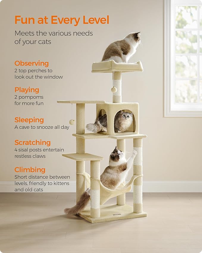 Feandrea Cat Tree, 56.3-Inch Cat Tower for Indoor Cats, Multi-Level Cat Condo with 4 Scratching Posts, 2 Perches, Hammock, Cave, Beige UPCT161M01
