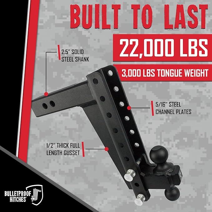 BulletProof Hitches - 2.5" Adjustable Heavy Duty Trailer Hitch (22,000 lb. Rating) - 12" Drop/Rise Trailer Hitch with 2" & 2-5/16" Dual Ball - Powder Coat, Solid Steel, Corrosion-Resistant