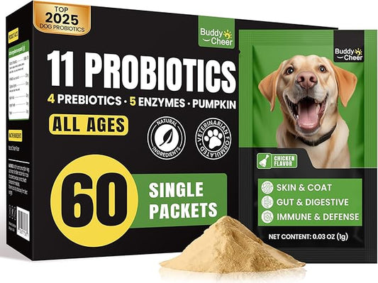 Probiotics for Dogs - 11 Strains with 4 Prebiotics & 5 Enzymes, Dog Probiotics Powder for Diarrhea, Digestive Health & Food Sensitivities, Chicken Flavor Dog Probiotic - 60 Single Packets