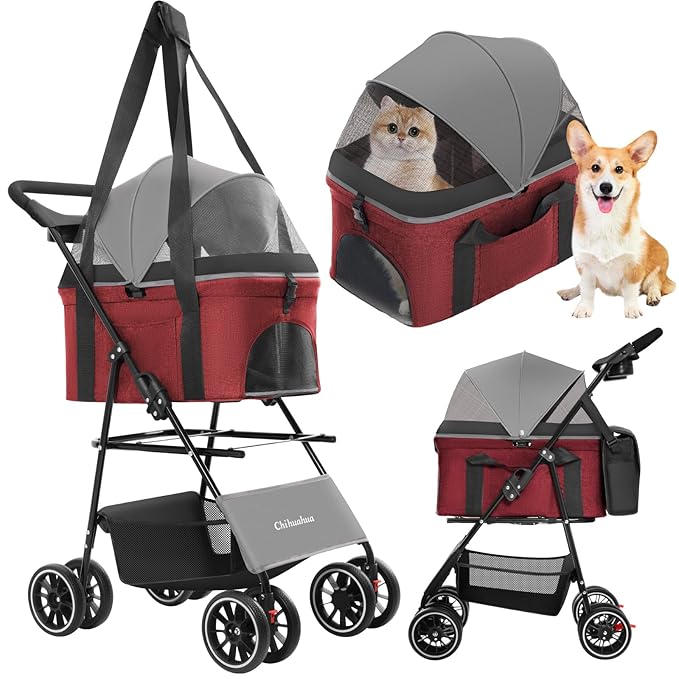 2-in-1 Foldable Pet Stroller with Canopy, 4 Wheels Pet Strolling Cart for Small/Medium Dogs and Cats with Removable Carrier,Breathable Mesh,Mom Tote Bag,Cup Holders,Easy Assembly,Grey+Red