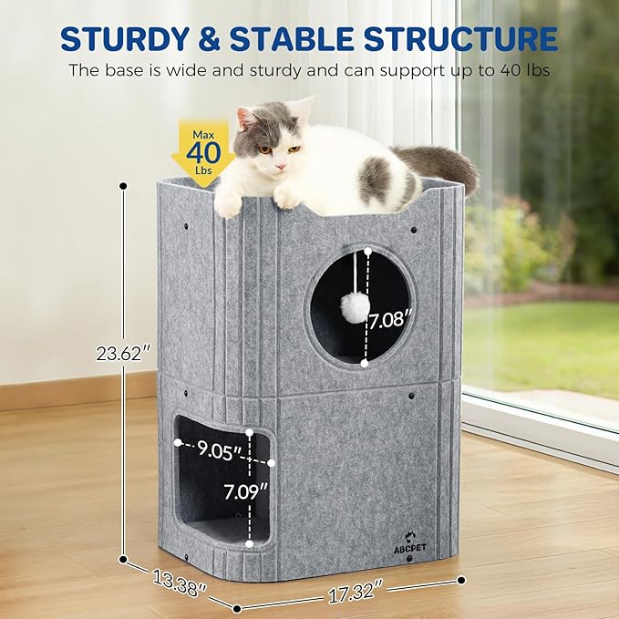 Cat House for Indoor Cats Cat Bed Cave 2-Storey Cats Condo with Cozy Felt Covered Hideaway for Multiple Pets Gray