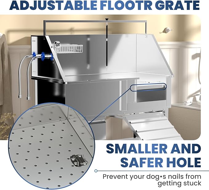 Dog Washing Station for Home, Professional 46" Stainless Steel Dog Bathing Station, Height Adjustable Dog Grooming Tub w/Stair, Storage Drawer, Upgrade Parts(Right ramp)