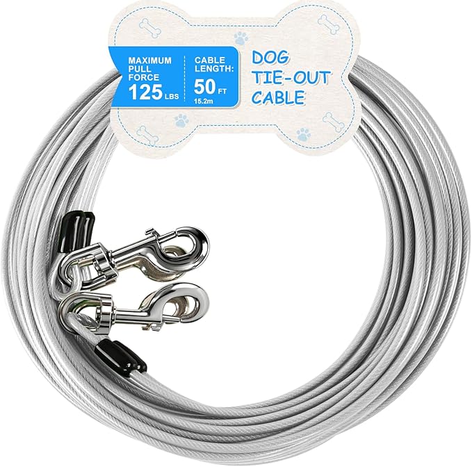 Tie Out Cable, 15/25/40/50 FT Runner Cable with Swivel Hook,Dog Leash Run Tether for Yard Outdoor and Camping,for Small to Medium Pets Up to 250 LBS