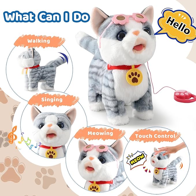 Gray Walking Cat Set Interactive Toy Cat for Girl Repeat What You Say Toy Kitten Talking Singing Dancing Touch Control Robot Cat Toy for Kid with Leash Wagging Tail Nodding Plush Electric Kitty