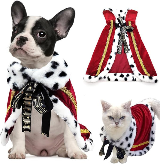 Pet Cloak King Dog Cape Robe Cute Halloween Christmas Cat Costume Queen Clothes Lux Fur Royal Cape Prince Princess Outfit Birthday Dress Small Large Dog Halloween Costume (Crimson, Small)