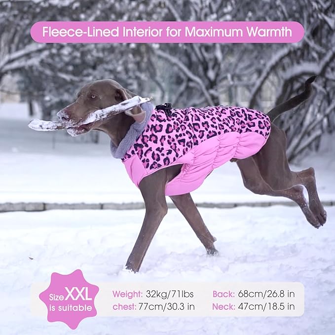 FUAMEY Dog Coat for Small Dogs,Waterproof Dog Winter Jacket with Harness Built in Puppy Cold Weather Coats Reflective Pet Vest with Zipper Warm Fleece Dogs Snowsuit Windproof Pink Leopard S