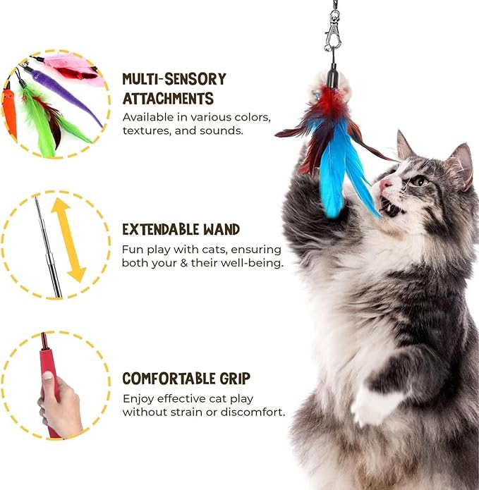 Vila Cat Feather Teaser Wand, Interactive Training and Exercise Wand Wonder, for Kittens and Adult Felines, Suits All Breeds and Sizes, 2 Retractable Poles, Worm Attachments and Strings