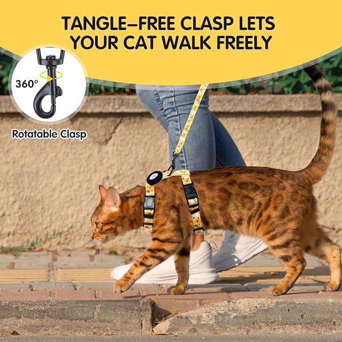 BINGPET Cat Harness and Leash Set Escape Proof for Walking,Adjustable Kitten Harness with Airtag Holder for Small Medium Large Cats (Yellow Flower Print,Neck:8"-12",Chest:12.5"-18")