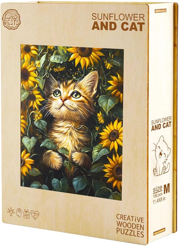 KAAYEE Wooden Puzzles for Adults, Sunflower and Cat 100 Piece Unique Animal Shape Puzzle, Cat Wood Puzzle for Adults, Creative Gifts for Friends/Family, Home Decor(8.5 * 5.9in)