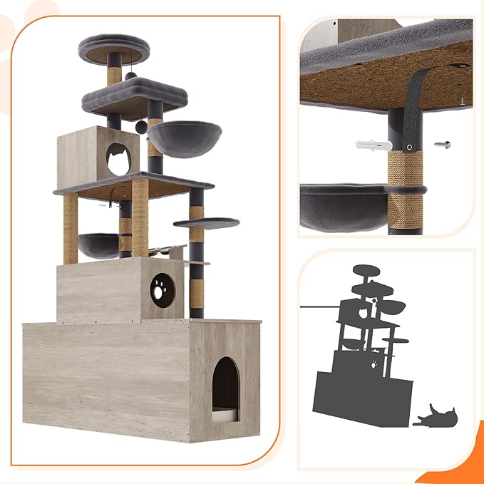 Cat Tree with 2 Litter Box Enclosures, All-in-One Cat Tower, Cat Condo with Sisal Scratching Posts, Hammocks, Detachable Plush Ball, Wooden Cat Furniture with Large Platforms, Grey