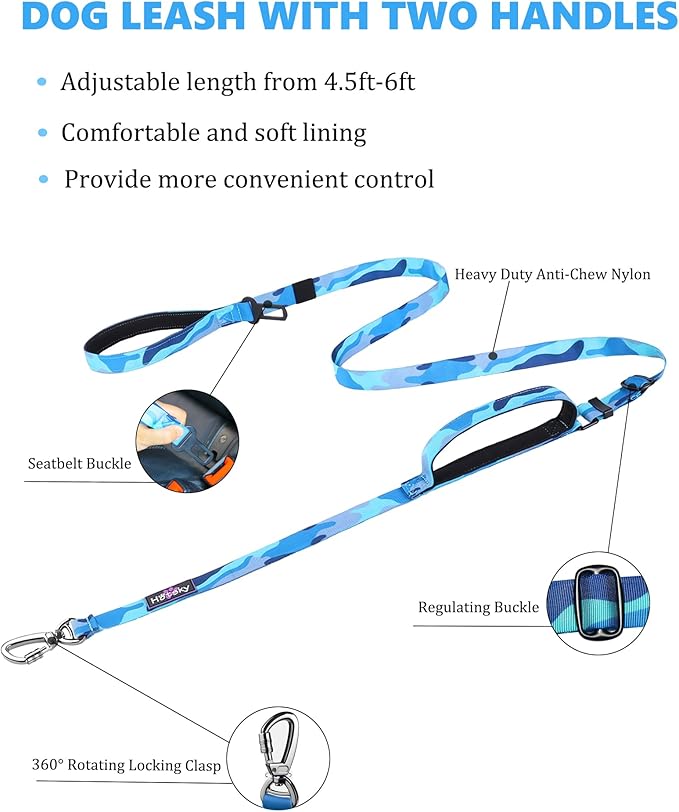 Hotsky Heavy Duty Dog Leash,4.5-6 FT Adjustable Durable Nylon Seatbelt Lead with Two Padded Traffic Handle and Carabiner for Large Medium and Small Breed Dogs,Blue Camo