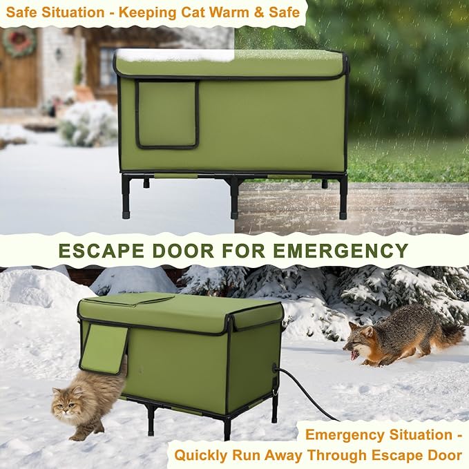 Palopalo Dewproof Heated Cat House for Outdoor Winter, Insulated Discreet Pet Shelter with Waterproof Heating Pad & Escape Door for Feral, Stray, Barn Kitty Cats (Army Green, 24.8" x 16.5" x 18.1")