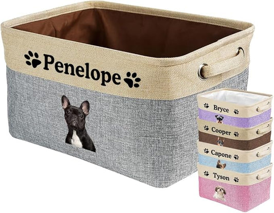 Custom Dog Basket for Toys Collapsible Storage Bin Grey Brow Pink Purple Blue Rectangular Pet Storage Organizer Box with Handles Medium Customized Name & Real Dog Breed