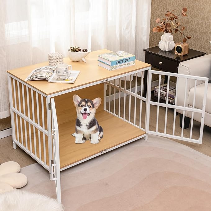 PETSITE 40 Inch Modern Dog Crate Furniture, Heavy Duty Wooden Dog Kennel with Double Lockable Doors, Decorative Dog Cage End Side Table for Small and Medium Sized Dogs (Natural)