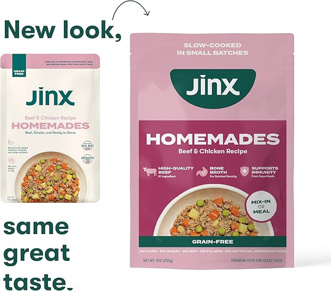 Jinx Beef Wet Dog Food Topper, Mix with Dry Dog Food, Made with Real Beef & Chicken, Bone Broth & Brown Rice, No Fillers, Puppy, Adult, Senior, 9oz, 12 Pack