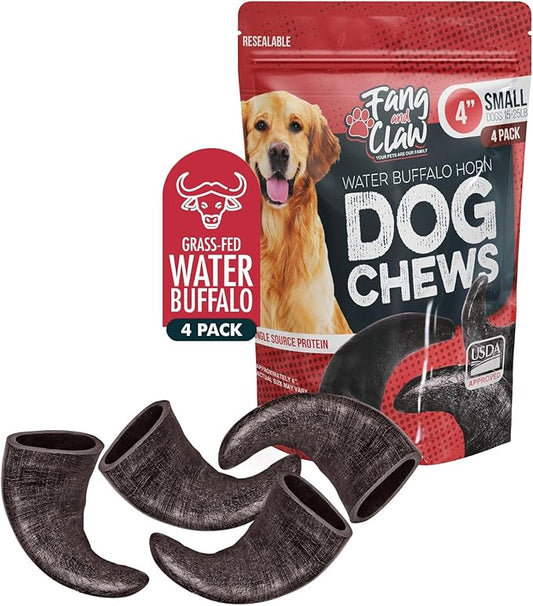 Water Buffalo Horn Dog Chew 4 Pack - Small 4" - All Natural Free Range Grass Fed Single Source Protein - No Chemicals, Additives, Hormones - Long Lasting, Good for Aggressive Chewers – by Fang & Claw
