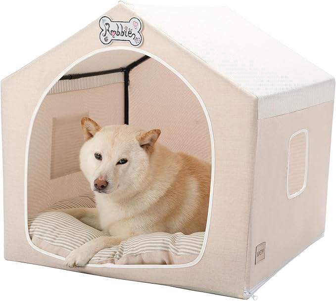 Jiupety Indoor Dog House with Frame, Cute Dog Tent Bed with Cover Cave, Breathable, Washable, and Foldable House, Suitable for 20-40 Lb, Large (25"×25"×25"), Beige