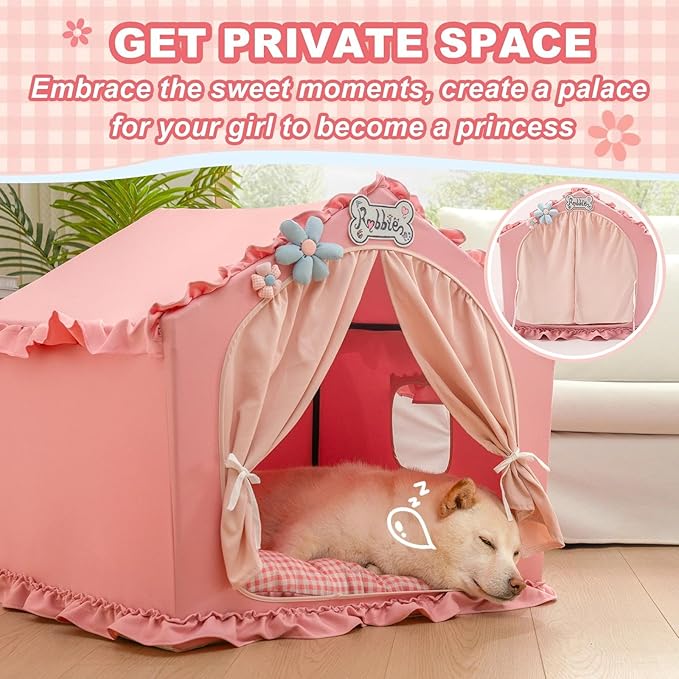 Jiupety Indoor Dog House with Frame, Cute Dog Tent Bed with Cover Cave, Breathable, Washable, and Foldable House, Suitable for 20-40 Lb, Large (25"×25"×25"), Pink