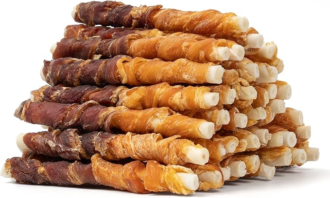 MON2SUN Dog Treats 5 Inch Double Flavor Chicken & Duck Wrapped Rawhide Sticks, Teeth Cleaning for Small Dogs, 21.16 oz (40 Count)