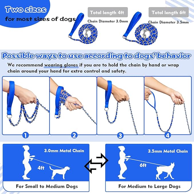 Heavy Duty Metal Dog Chain Leash with Comfortable PU Leather Padded Handle, Chew Proof for Small Medium Pooch Walking Training (4ft 3.0mm Blue)