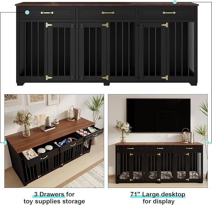Dog Crate Furniture - Indoor Wooden Dog Kennel Furniture with 2 Dividers, 3 Drawers, and 3 Lockable Doors - 72"x23.6"x31.5"H, Black