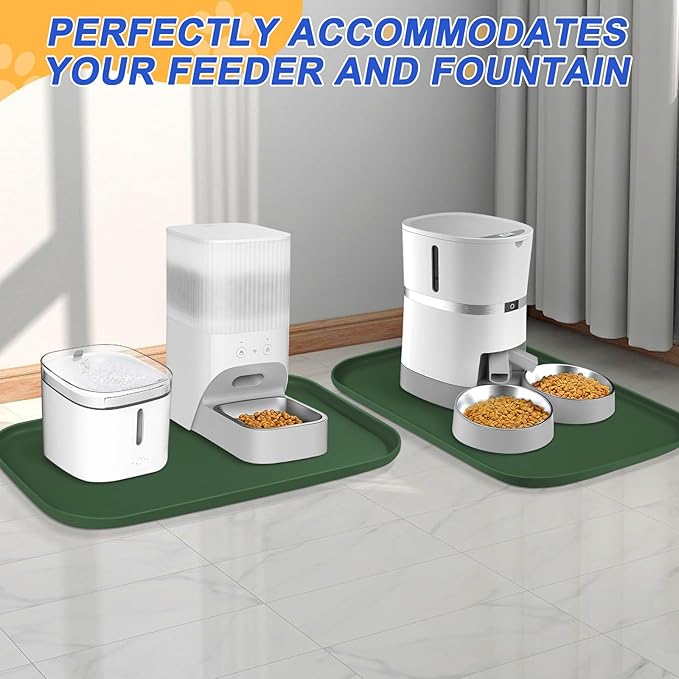 Silicone Pet Feeding Mat with Raised Edge for Food and Water, Dog Bowl Mats, Cat Bowls Placemat with High Lip for Floor Waterproof, Rubber Tray for Cats and Dogs 19 x 12 x0.7 Dark Olive