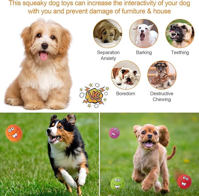 Squeaky Dog Toys Chewing Durable Teething Latex Rubber Soft Interactive Fetch Play Dog Balls with Funny Smile Face for Puppy Small Medium Pet Dog (6PCS)