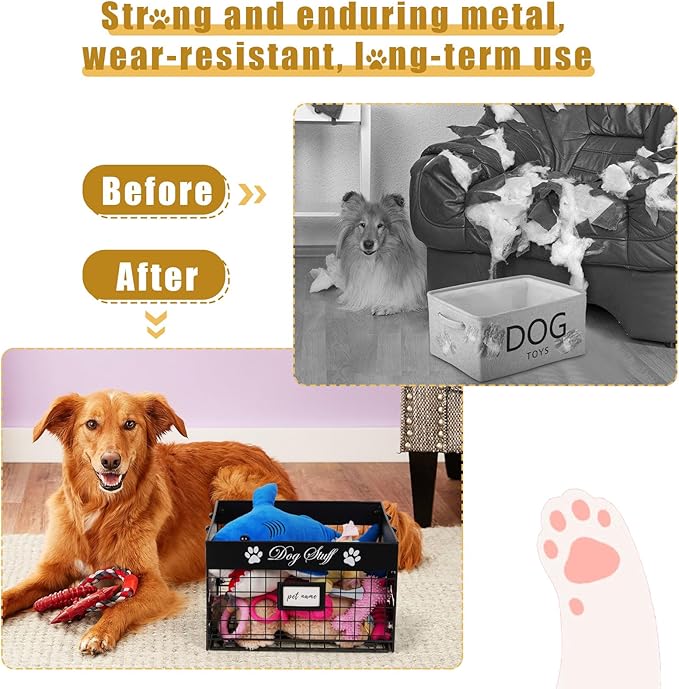 Dog Toy Bin - Metal Dog Toy Basket Box with Handles and Label Position Design Perfect for Pet Toys, Blankets, Clothes and Food (Not Included Label)