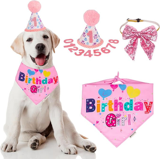 ADOGGYGO Dog Birthday Party Supplies, Pink Girl Dog Birthday Bandana Hat Numbers Bow Set for Medium Large Dogs (Large)