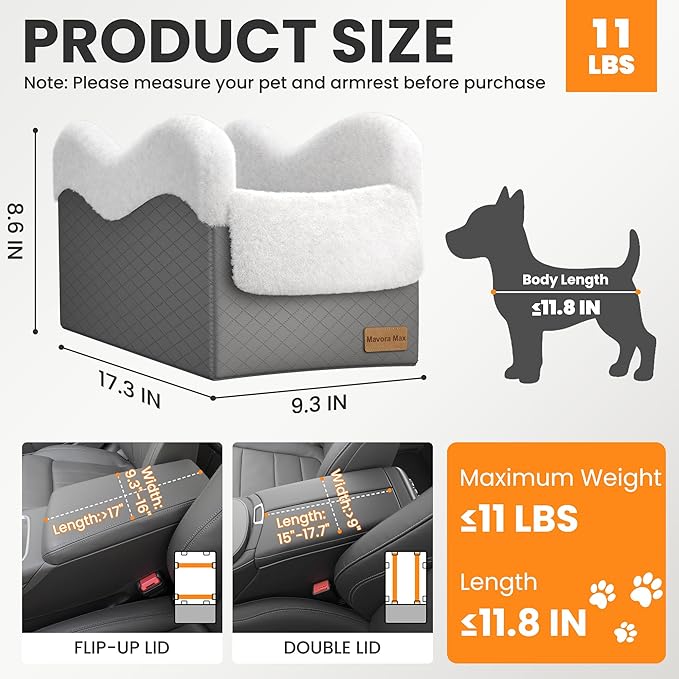 Portable Small Dog Seat for Car, Luxury Center Console Dog Car Seat Booster with Safety Tethers, Anti-Collapse Pet Travel Carseat for SUV, Truck (Dark Grey/White)